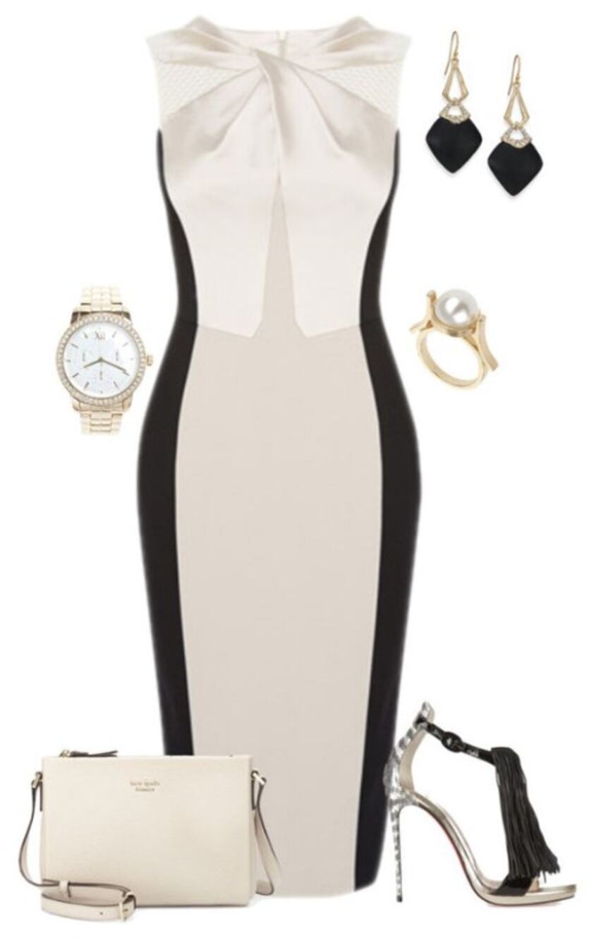 Karen Millen Knot Neckline Pencil Dress - Black, White, and Tan/Champagne 6